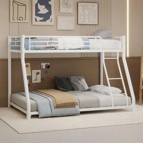 Cadre de lit superposé en métal robuste, un lit supérieur de 90*140cm et un lit inférieur de 140*190cm, conception peu encombrante avec échelle et barrières de sur toute la longueur, idéal pour les adolescents et les adultes, style moderne. - Blanc - Voir 1
