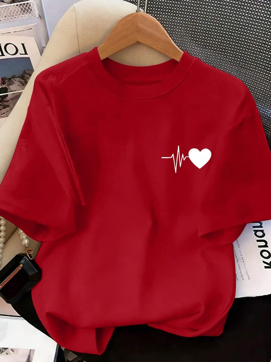 anga corta y cuello redondo con estampado de frecuencia cardíaca, color rojo, adecuada para regalos de San Valentín, citas de aniversario y atuendo casual, lavable a máquina, no estilo blusa - Rojo Brillante - Ver 1