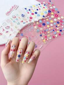 2pcs 3D/5D Embossed Relief Nail Stickers, Nails, DIY Decoration, Using Macaron Multi-Color Ditsy Floral Patterns, Colorful Hearts, Hand Drawn Cartoons, Cars, Planet Patterns, Suitable For Creating Spring And Summer Y2K, Cute Graffiti Style Nail Art - Multicolor - View 1