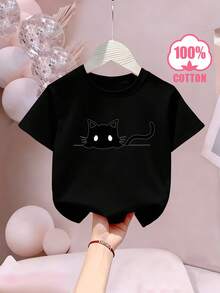 stampado de dibujos animados de "Cute Cartoon Cat", fresca y transpirable para usar en primavera/verano, material 100% algodón, estilo casual holgado para niños y pre-adolescentes, adecuada. - Negro - Ver 2