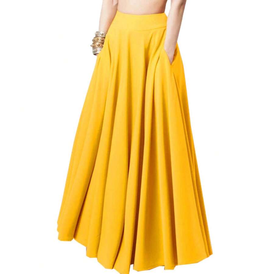 Spring 2026, Women's Plus Size Solid Color Pleated Maxi Skirt, European And American Style, With Elastic Waist - 黃色 - 查看 1