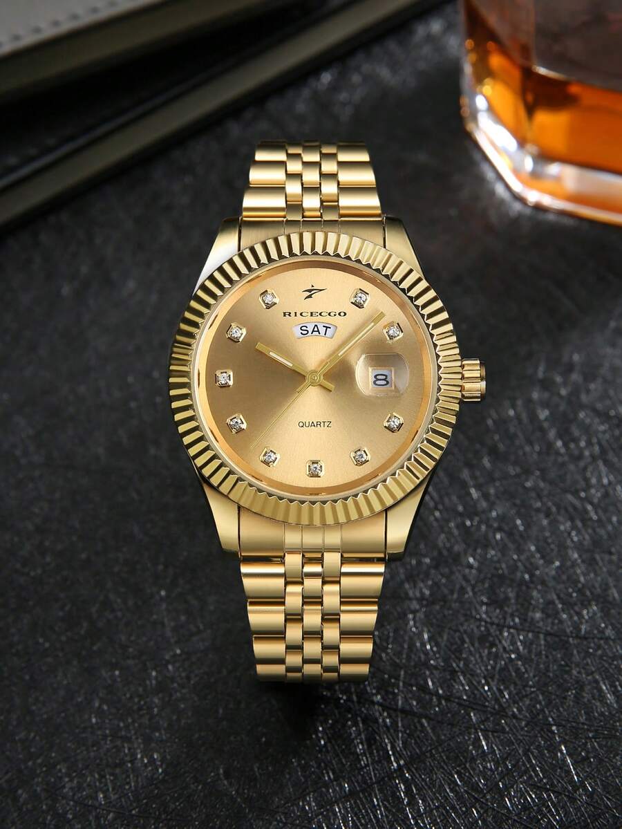 RICECGO A Stylish Men's Watch With A Comfortable Strap And Dual Calendar Display-The Perfect Quartz Men's Watch For Everyday Business Use Or As A Gift - Gold - View 1