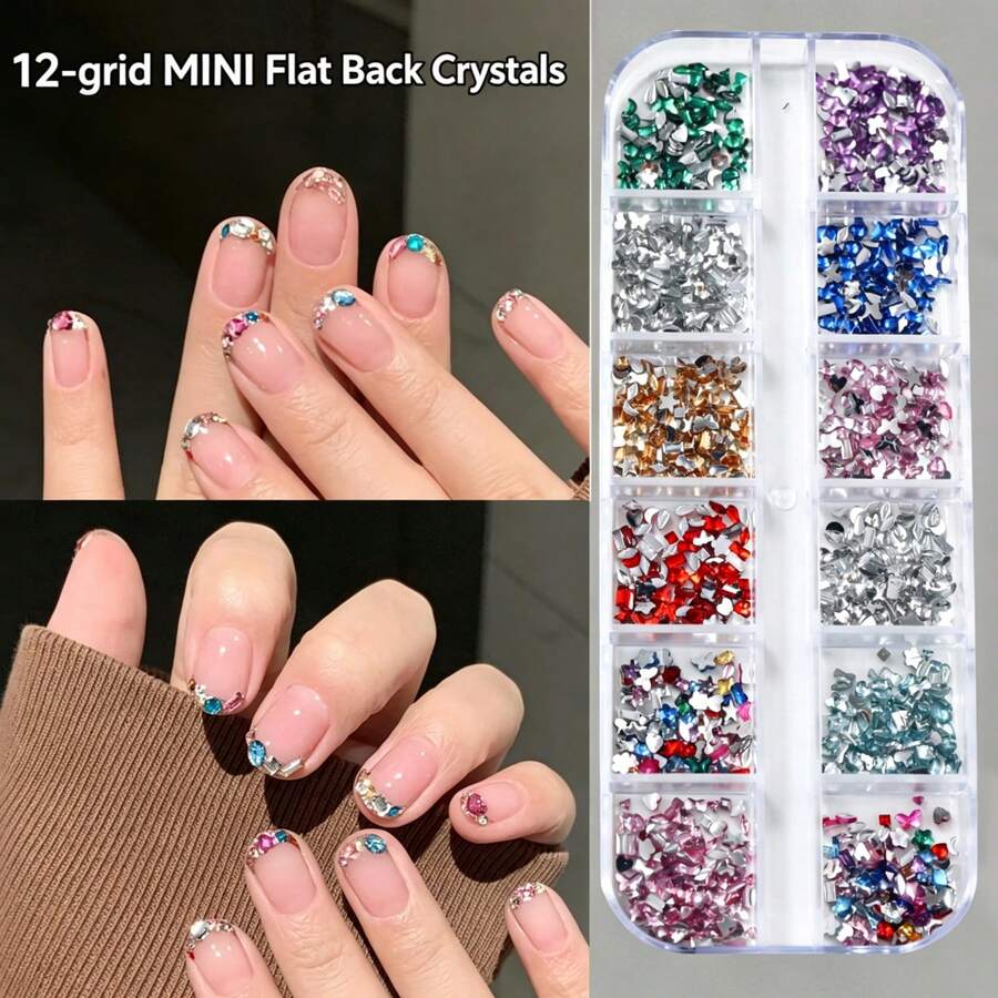 12-Grid Mini Nail Rhinestones, Colorful Asymmetric Champagne Crystal Glass Flat Back Rhinestones, Nail Accessories, 3D Nail Art Decor - Multicolor - View 1