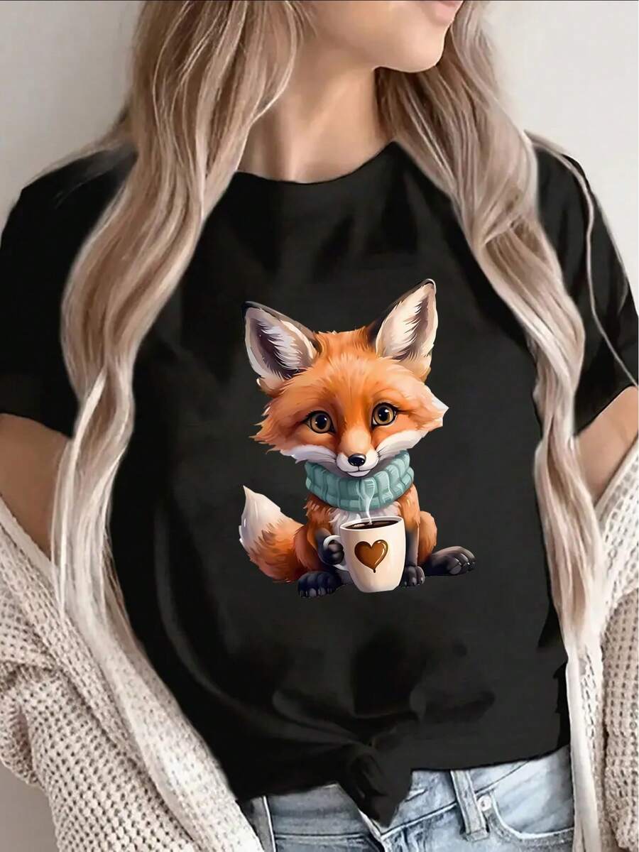 1 paquete de camisetas de manga corta de poliéster, con un diseño de un lindo zorro sosteniendo una taza de café, adecuadas para uso casual en casa o en una cafetería, ligeras y cómodas, una - Negro - Ver 1