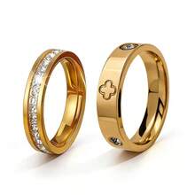 2 piezas/Set Anillos de acero inoxidable con trébol & cielo estrellado con cristales, set de anillos apilables para mujer - Juego de trébol de cuatro hojas dorado - Ver 8