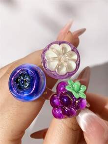 1pc/3pcs Colorful Purple Grape, Mangosteen, Blueberry Artificial Fruit Shaped Women's Ring, Cute Realistic Fruit Ring Creative Fashion Accessory - Purple - View 13