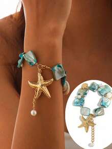 pieza de collar con colgante de estrella de mar y concha dorada de estilo bohemio inspirado en el océano, decorado con cuentas azul-verdes y doradas - Accesorio multifuncional para mujer, - Pulsera azul 02 - Ver 12