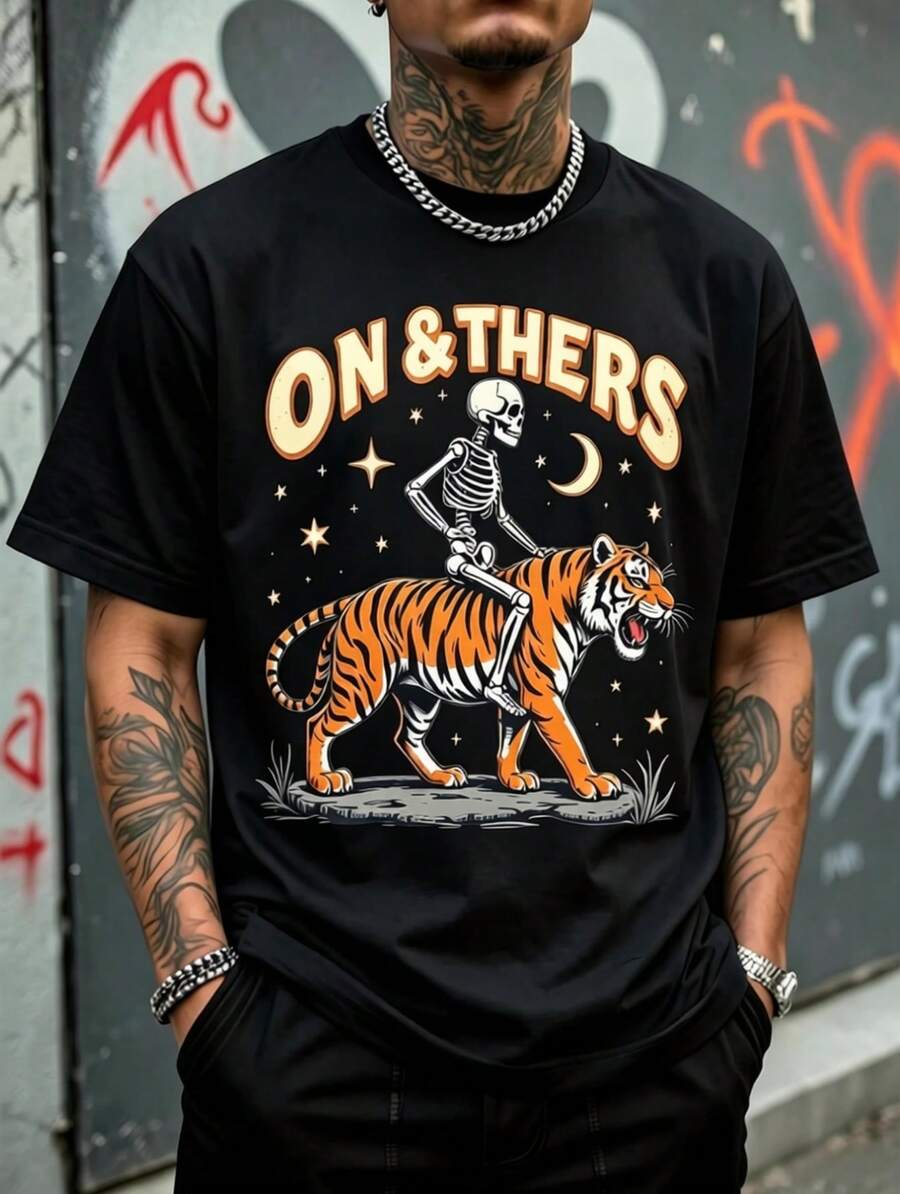 Men's Loose Fit T-Shirt, Full Skeleton Print Riding A Roaring Tiger With Night Sky, Half Moon And Stars, Vintage Bow Text, Western Retro Gothic Streetwear Style. - Hitam - View 1