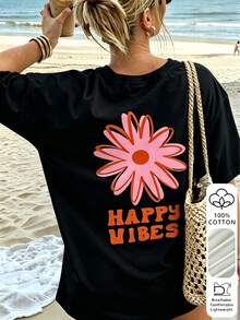 Damen Sommer 100% Baumwolle Vintage Cartoon Blumenmuster Kurzarm T-Shirt, Retro Rundhals Rückendruck Lässig Alltag Streetwear Top Urlaub Schwarz - Schwarz - Übersicht 3