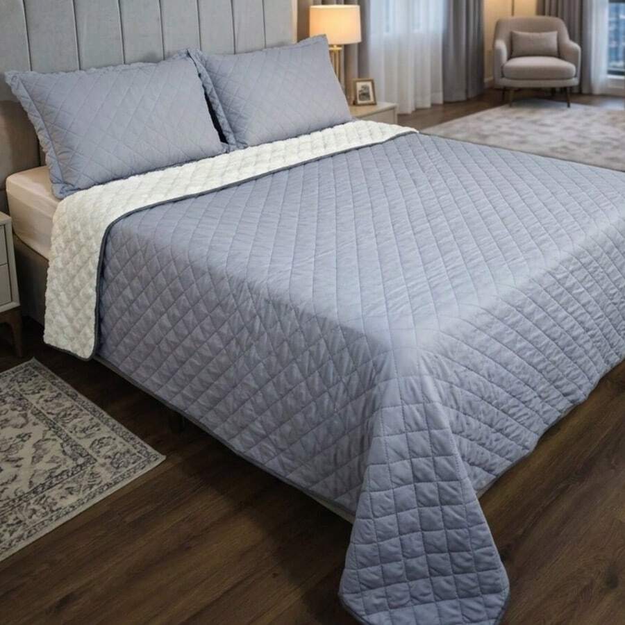 Single/Queen Double-Sided Bedspread Set With Sherpa Alaska 03 Pieces - Premium Soft Touch - CINZA - 查看 1