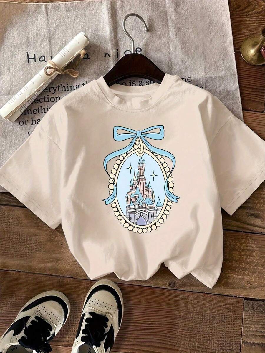 100% Cotton Unisex Short-Sleeved T-Shirt, 100% Cotton, With Round Neck And Blue Bow, Castle Print With Mirror, Artistic Letter Print, Fashionable Short-Sleeved T-Shirt, Ca - 杏色 - 查看 1