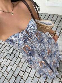 Vestido sin tirantes elegante con diseño de lazo vintage, moda de verano - Azul y blanco - Ver 1