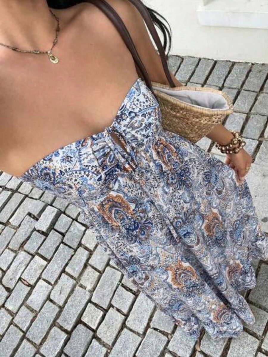 Vestido sin tirantes elegante con diseño de lazo vintage, moda de verano - Azul y blanco - Ver 1