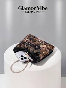 晚宴亮片手拿包，亮片刺繡工藝，3D花卉（隨機圖案），婚禮必備配件，情人節禮物，適用於婚禮、度假、畢業季、晚宴及其他正式場合，亦可作為日常穿搭的多功能配件，百搭風格 - 金色 - 查看 5