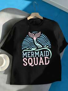 Mermaid Squad Grafik-T-Shirt, Frühling, 100 % Baumwolle, Rundhalsausschnitt, lockere Passform, Hip-Hop-Streetstyle - Schwarz - Übersicht 2