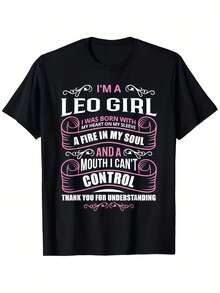 Camiseta Gráfica de Leo para Mujer - Corte Holgado con la Frase 'Soy una chica Leo' y Estampado Rosa y Blanco - Top Ligero e Informal Adecuado para Senderismo, Correr y Actividades al Aire L - Negro - Ver 1