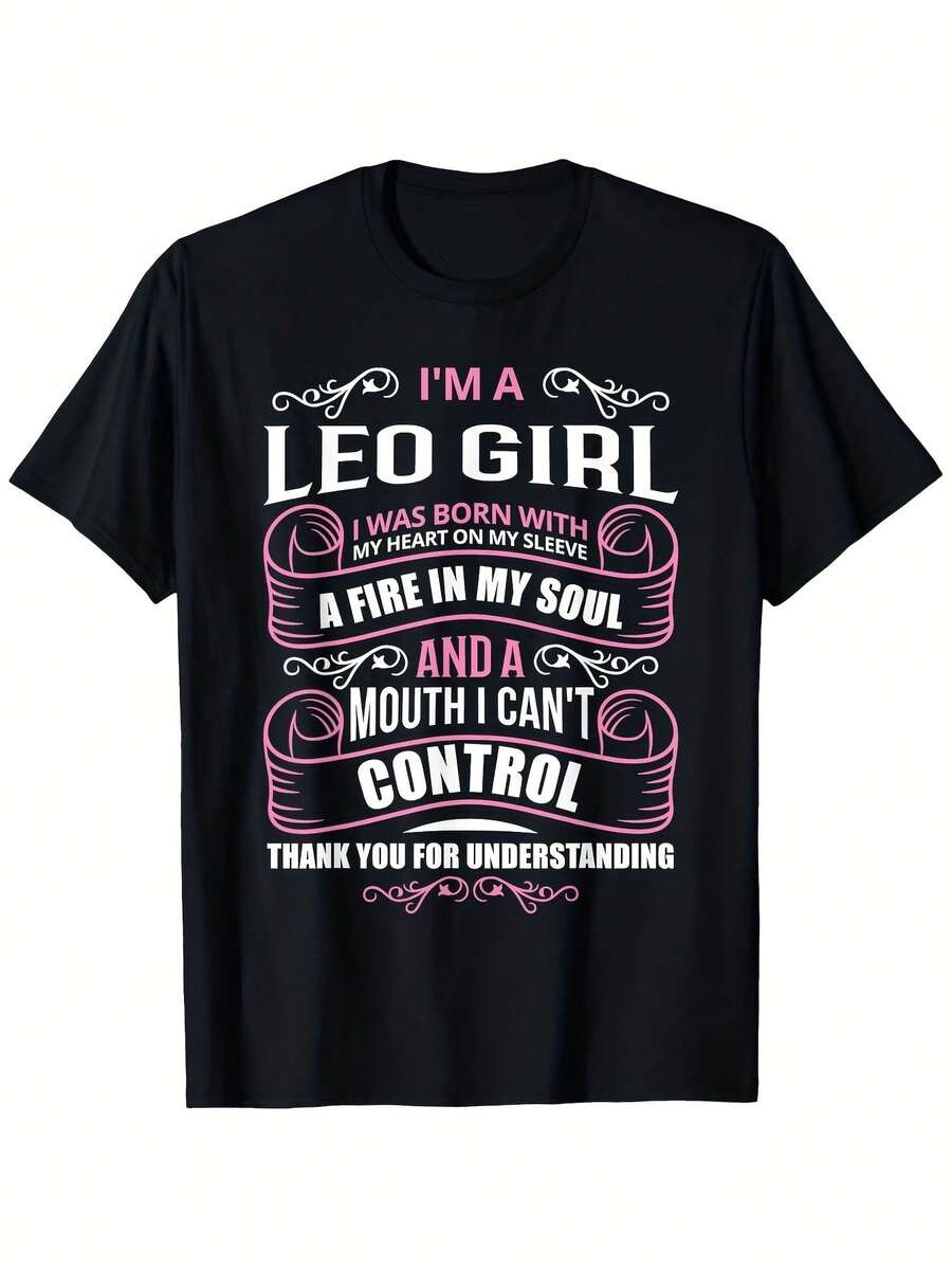 Camiseta Gráfica de Leo para Mujer - Corte Holgado con la Frase 'Soy una chica Leo' y Estampado Rosa y Blanco - Top Ligero e Informal Adecuado para Senderismo, Correr y Actividades al Aire L - Negro - Ver 1
