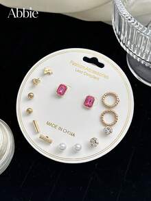7 Pairs Fashion Elegant Minimalist Round Rhinestone Faux Pearl Stud Earrings For Women, Suitable For Casual, Date, Party Wear, Jewelry Gift - Multicolor - View 1