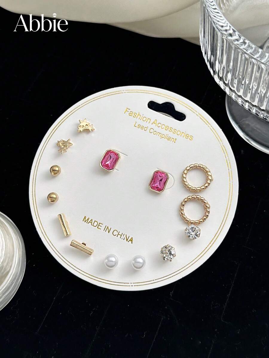 7 Pairs Fashion Elegant Minimalist Round Rhinestone Faux Pearl Stud Earrings For Women, Suitable For Casual, Date, Party Wear, Jewelry Gift - Multicolor - View 1
