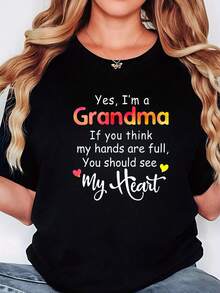 Plus Size - Plus Size - Mother'S Day Themed Plus-Size Casual Women'S T-Shirt With Printed Short Sleeves And A Slightly Stretchy Round NeckCamisa estampada para mujer - Negro - Ver 1