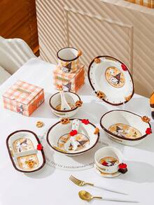 卡通女巫 Snoopy 浮雕陶瓷餐具，3D 蝴蝶餅與蘋果裝飾飯碗、深盤、雙把手托盤、咖啡杯、湯匙，分裝，9 種不同款式可選，居家廚房禮品餐具 - 彩色 - 查看 2