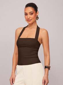 Camisola  para Mujer, de Color Sólido, con Cuello Halter y Espalda Descubierta, para Verano - Albaricoque - Ver 20