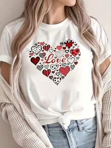 Pure Cotton Women's Short-Sleeved T-Shirt With A Heart Print On The Front, Made Of Comfortable And Breathable Fabric, Casual Sporty Style, Suitable For Women's Sportswear - 白色 - 查看 1