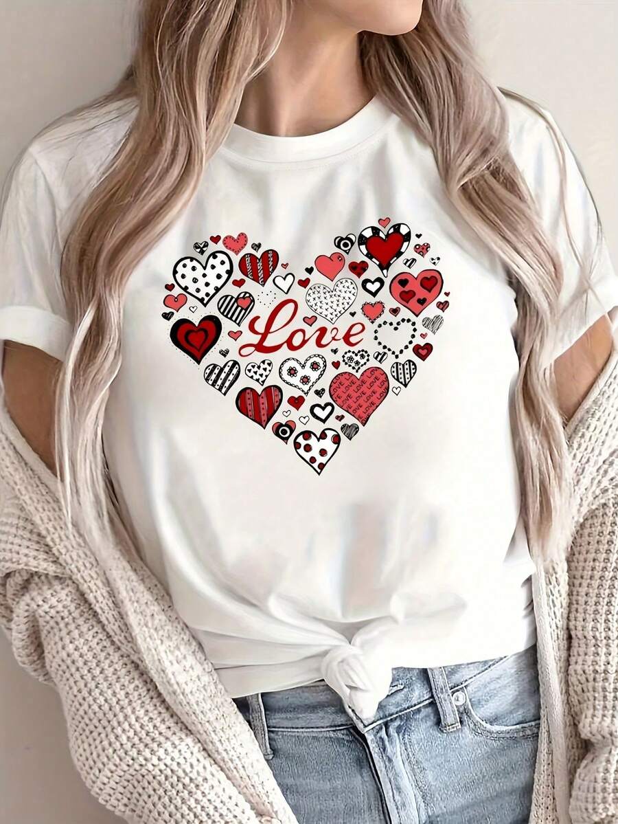 Pure Cotton Women's Short-Sleeved T-Shirt With A Heart Print On The Front, Made Of Comfortable And Breathable Fabric, Casual Sporty Style, Suitable For Women's Sportswear - 白色 - 查看 1