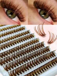 200pcs Brown Cluster False Eyelashes, D Curl Voluminous, Brown Eyelash Extensions, Single Eyelashes, Dense Natural Look, DIY Home Eyelash Extensions - Brown - View 2