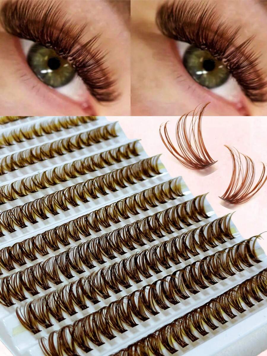 200pcs Brown Cluster False Eyelashes, D Curl Voluminous, Brown Eyelash Extensions, Single Eyelashes, Dense Natural Look, DIY Home Eyelash Extensions