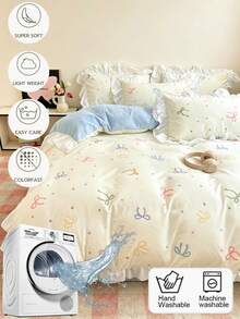 Creamy Girl Style Ruffle Edge Skin-Friendly Brushed Lace Duvet Cover 3 Pieces Set (1 Duvet Cover + 2 Pillowcases, Duvet Insert And Pillow Inserts Not Included), Bedding Set, Comfortable Soft Breathable Versatile, Machine Washable For All Seasons - Blue - View 6
