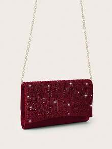 REMANLAND Shiny Evening Clutch, Burgundy Rhinestone Decorated Square Handbag, Metal Chain Shoulder Strap, Fashionable Elegant Evening Bag, Classic Formal Party Wedding Bridal Clutch, Suitable For Formal Occasions, Parties, Weddings, Music Festivals, Women's Gift - Burgundy - View 3