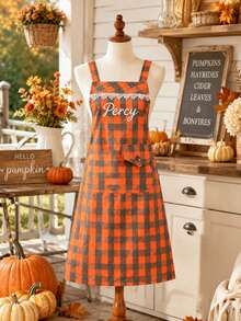 Vintage Plaid Apron With Adjustable Straps, Customizable Name Embroidery, Delicate Lace Collar, Double-Layer Pockets For Kitchen Utensils And Phone, Polyester Fabric Stain-Resistant Breathable Easy To Clean, Suitable For Baking, Coffee Shop Uniform Or Home Cooking - Orange Stripes - View 7