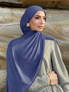 1 Buah Hijab Wanita Baru Warna Polos Ukuran Besar, Syal Panjang Kasual Lembut - abu-abu biru - View 3