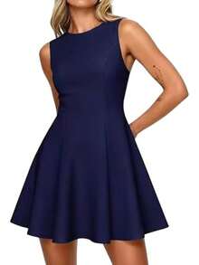 Vestido sin mangas para mujer, cuello redondo, corte ajustado y acampanado, mini vestido con costuras de princesa para trabajo o fiesta de cóctel. - Rosa - Ver 4