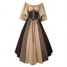 Vestido ajustado de estilo retro medieval con bloques de color, mangas con volantes y un dobladillo amplio, ideal para cosplay y actuaciones escénicas. - Caqui - Ver 7