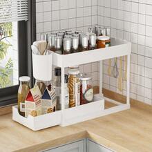 1pc Oversized Double Layer Storage Rack With Drawer, Black Double Layer Under Sink Organizer, Multifunctional H-Shaped Storage Rack, Kitchen Pull-Out Spice & Draining Rack, Bathroom Living Room Storage Shelf - Black - View 14