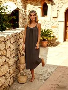 Perfect For Your Vacation! Midi Dress With Thin Straps, Open Back With Drawstring, Lightweight Fabric That Flatters Your Figure. - 咖啡 - 查看 5