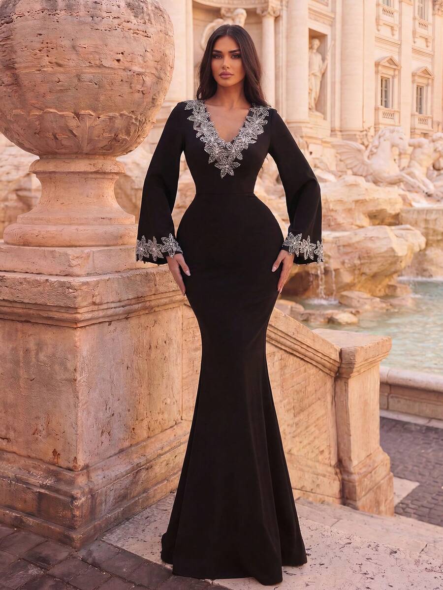 Faeriesty Fashionable Black Deep V-Neck Women's Formal Evening Gown, Featuring Decorative Bell Sleeves And Mermaid Hem, Ideal For Evening Events Wedding Party - Black - View 1
