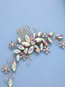 1pc Women's Colorful Rhinestone & Faux Pearl Hair Comb, Elegant Floral Bridal Hair Accessory For Wedding, Prom And Party - Color - View 4