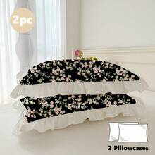 2pcs/Set Ruffle Trim Printed Pillowcase Pair, Comfortable Breathable Skin-Friendly Soft Machine Washable, Ruffle Trim Princess Style Pillowcase (Pillow Insert Not Included), Minimalist Elegant, Suitable For Student Dorm, Bedroom, Hotel Bedding, All Seasons - Black - View 3