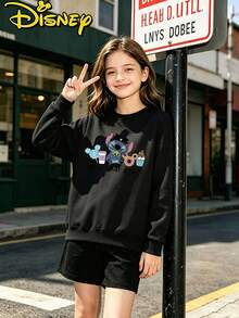 Teen Girl Clothes Disney Lilo And Stitch Castle Mickey Balloon Print Loose Fit Crewneck Sweatshirt - 黑色 - 查看 2