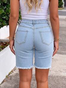 Washed Distressed Straight Leg Denim Shorts, Made Of Stretchy Fabric, Comfortable For Daily Wear, Fashionable And Stylish - Light Wash - View 4