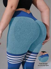 Plus Size Women's Colorblock Striped Yoga Pants, Seamless, High Waist, Abdomen Shaping, Butt Lifting, High Elasticity, Fitness Workout Running Sports - 漫遊藍 - 查看 5