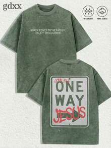 Jesus Graphic Print T-Shirt 'God Has A Plan', Double-Sided Print, Washed T-Shirt, Party Favors, Y2K Graphic Tees For Men, Vintage Washed Style T-Shirts - 軍綠色 2 - 查看 1