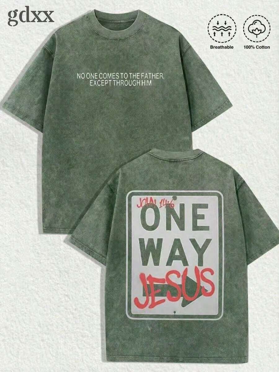 Jesus Graphic Print T-Shirt 'God Has A Plan', Double-Sided Print, Washed T-Shirt, Party Favors, Y2K Graphic Tees For Men, Vintage Washed Style T-Shirts - 軍綠色 2 - 查看 1