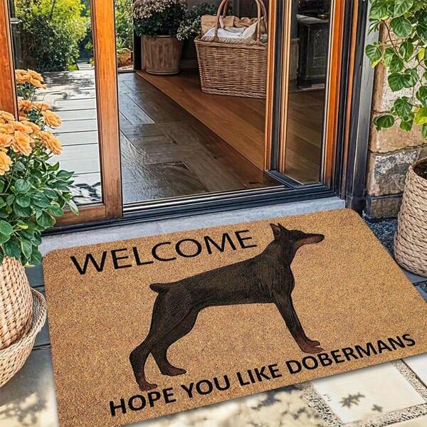 1pc Best-Selling Viral Black Doberman Silhouette Print Funny Dog Lover Slogan "Welcome, Hope You Love Dobermans" Entryway Door Mat, Popular Country Pastoral Style Pet Lover All-Season Flannel Rectangular Rug, Realistic Standing Doberman Minimalist Solid Color Dog Pattern Non-Slip Mud-Scraping Washable Door Mat, Essential All-Season Decorative Carpet For Front Door, Porch, Utility Room, Hallway, Perfect Gift For Doberman Owners Housewarming Party