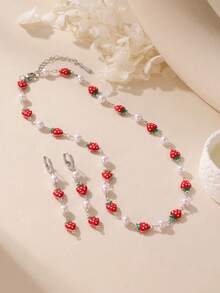 GEREIT 3pcs Fashion Minimalist Red Strawberry Pendant Metal Silver Color Women's Earrings & Necklace Set, Suitable For Women's Daily Wear - Multiple Styles - View 1