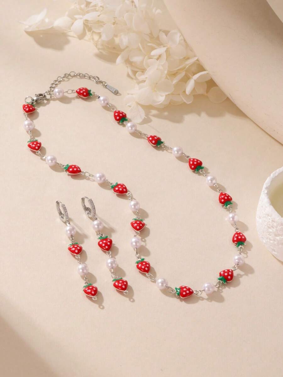 GEREIT 3pcs Fashion Minimalist Red Strawberry Pendant Metal Silver Color Women's Earrings & Necklace Set, Suitable For Women's Daily Wear - Multiple Styles - View 1
