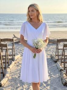 Robes de mariée courtes, robe blanche fluide pour femmes, robe de demoiselle d'honneur en mousseline pour femmes, robe de soirée formelle pour femmes pour mariage - Blanc - Voir 5